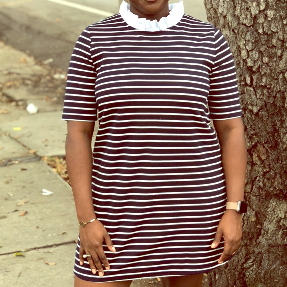 Navy striped shift dress with Victorian collar